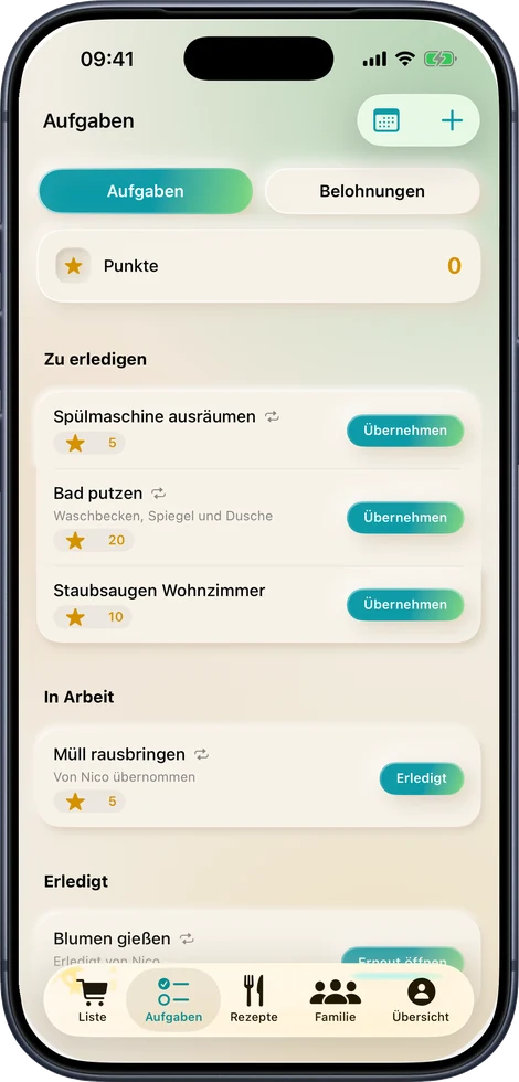 Aufgabenliste mit Punkten, aufgeteilt in zu erledigen, in Arbeit und erledigt