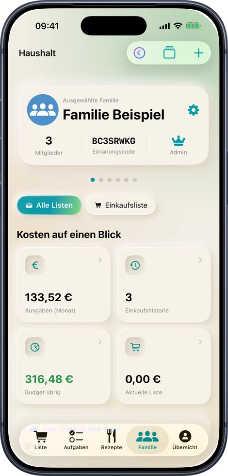 Haushalts-Übersicht mit Mitgliedern, Einladungscode und Monatsbudget