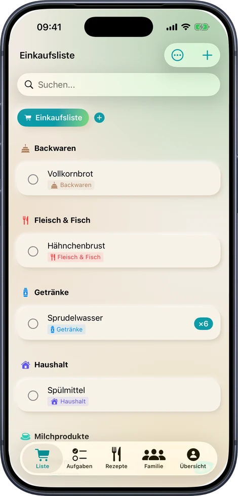 Einkaufsliste in der Velpi-App, nach Kategorien gruppiert