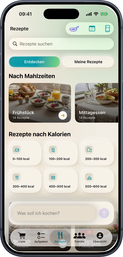 Rezept-Entdecken mit Kategorien nach Mahlzeit und Kalorien