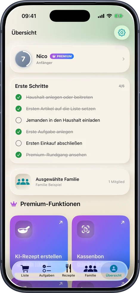 Übersicht mit Level, Checkliste für die ersten Schritte und Premium-Funktionen