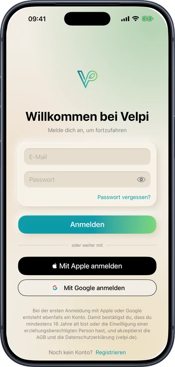 Der Anmeldebildschirm mit Apple- und Google-Anmeldung