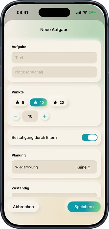 Aufgabe anlegen mit Punkten und Bestätigung