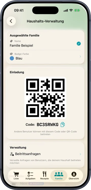 Einladung mit QR-Code und Einladungscode