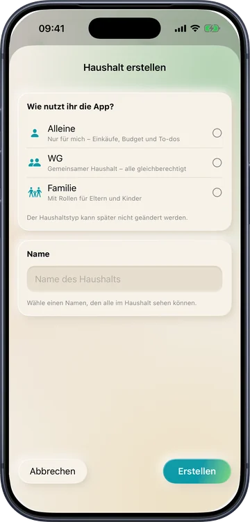 Haushaltstyp beim Erstellen wählen