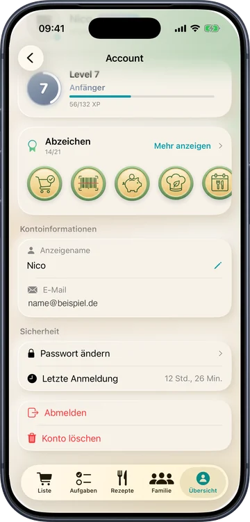 Konto löschen auf der Profil-Seite